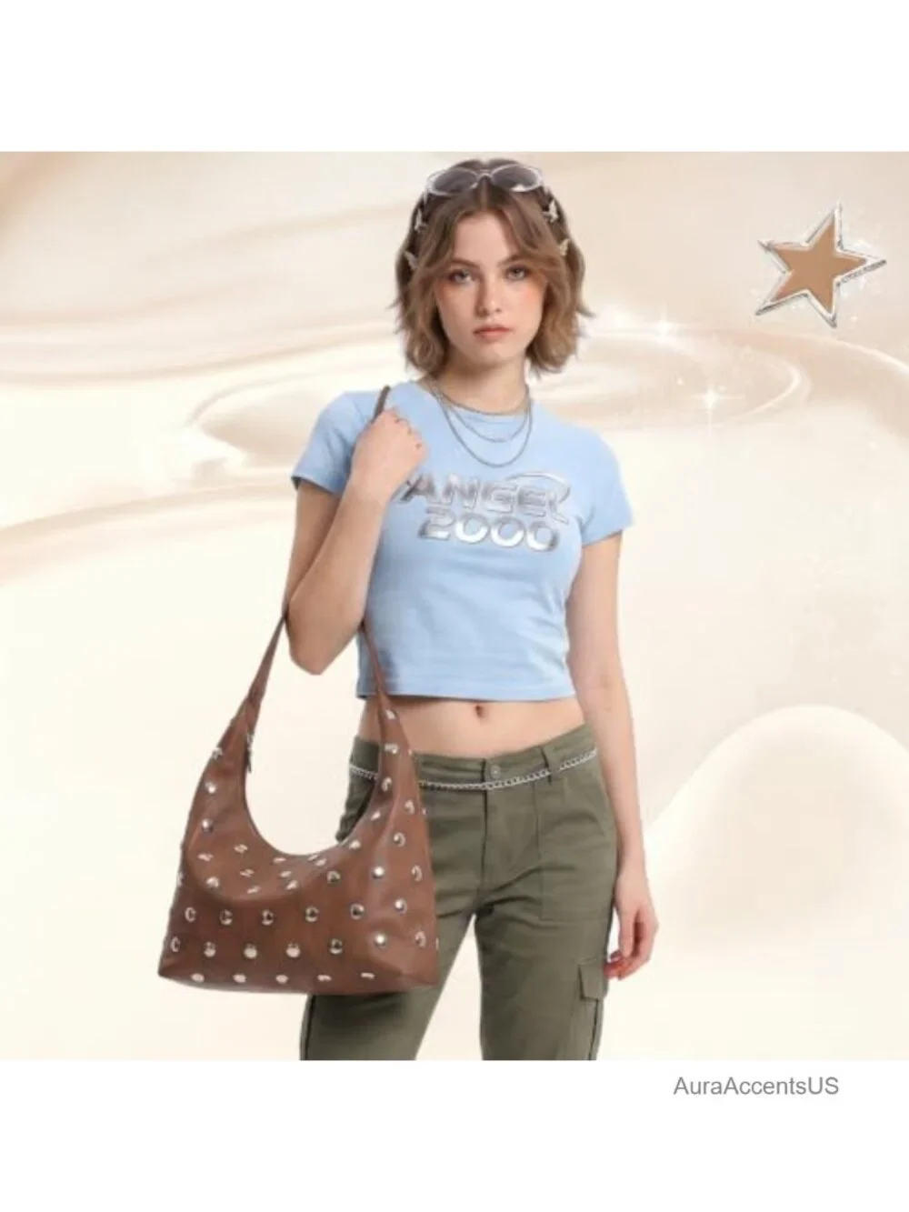 Studded Hobo Bag Faux Leather Slouchy Shoulder Purse Large Rivet Y2K Punk